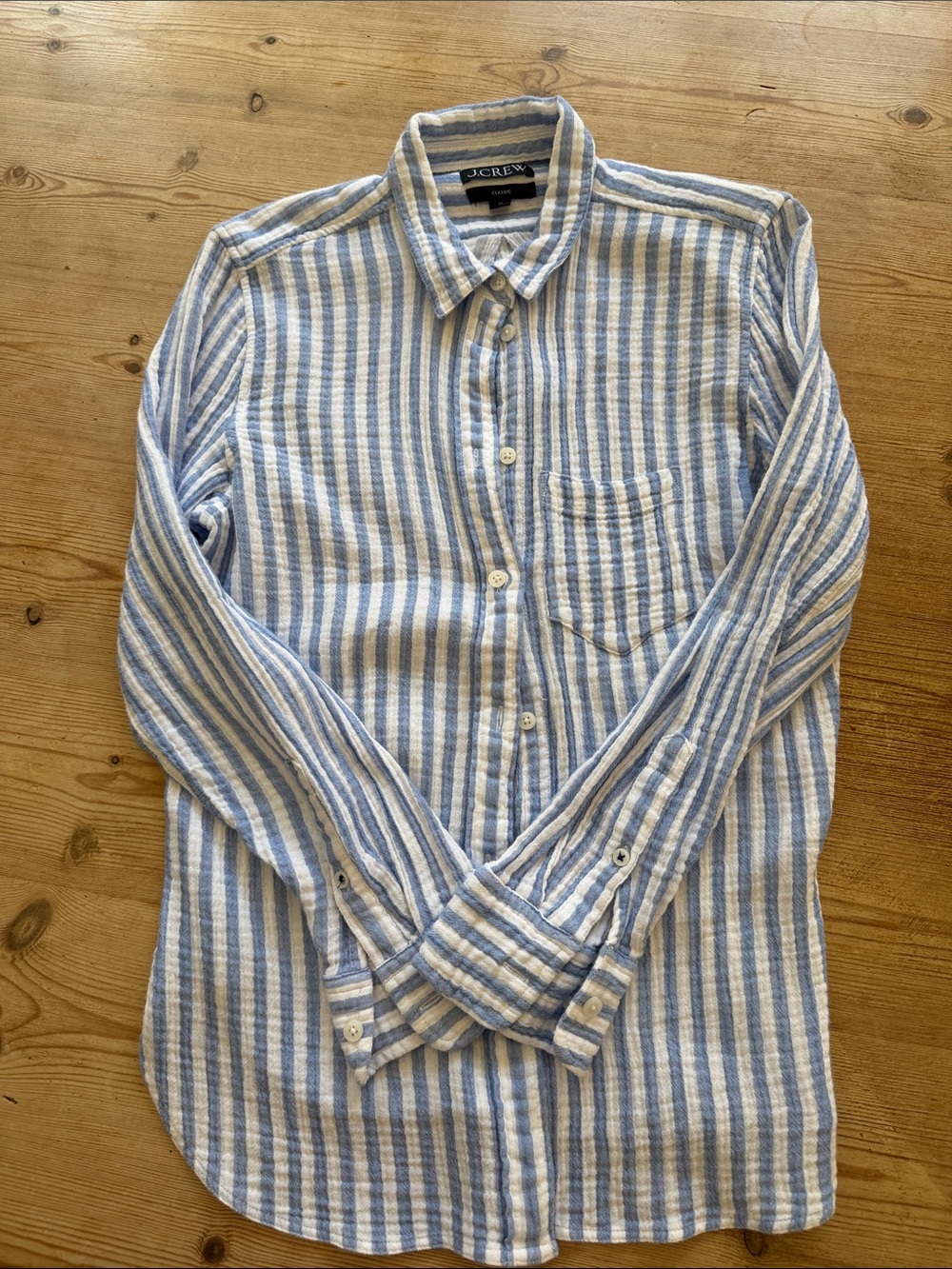 J. Crew Light Blue and White Vertical Stripe Button-Down gauze Shirt